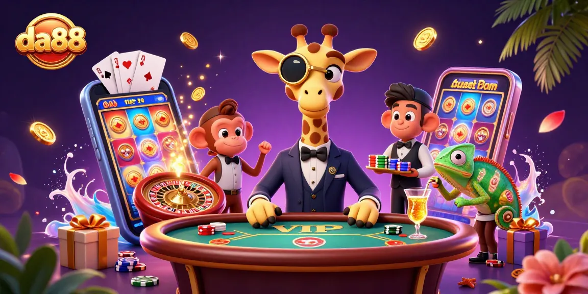 Experience thrilling gaming at da88 with our vibrant casino scene featuring an array of animated characters and games.