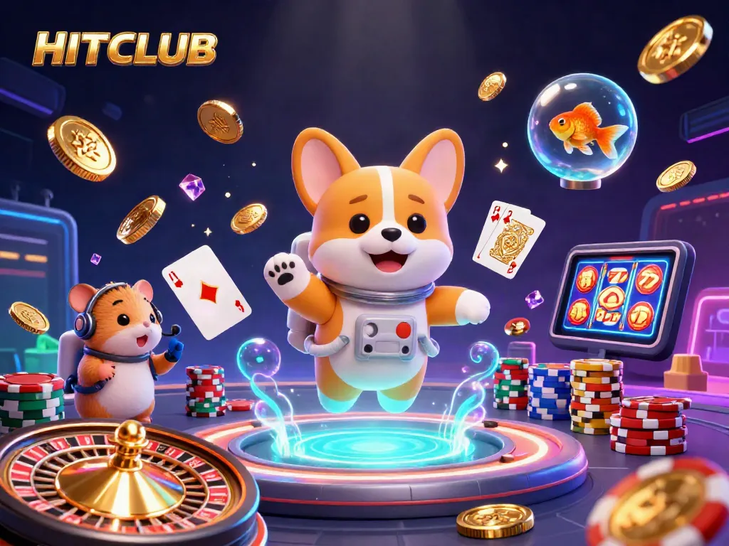Experience thrilling gameplay with HITCLUB's dynamic 3D casino scene featuring vibrant characters and gaming elements.