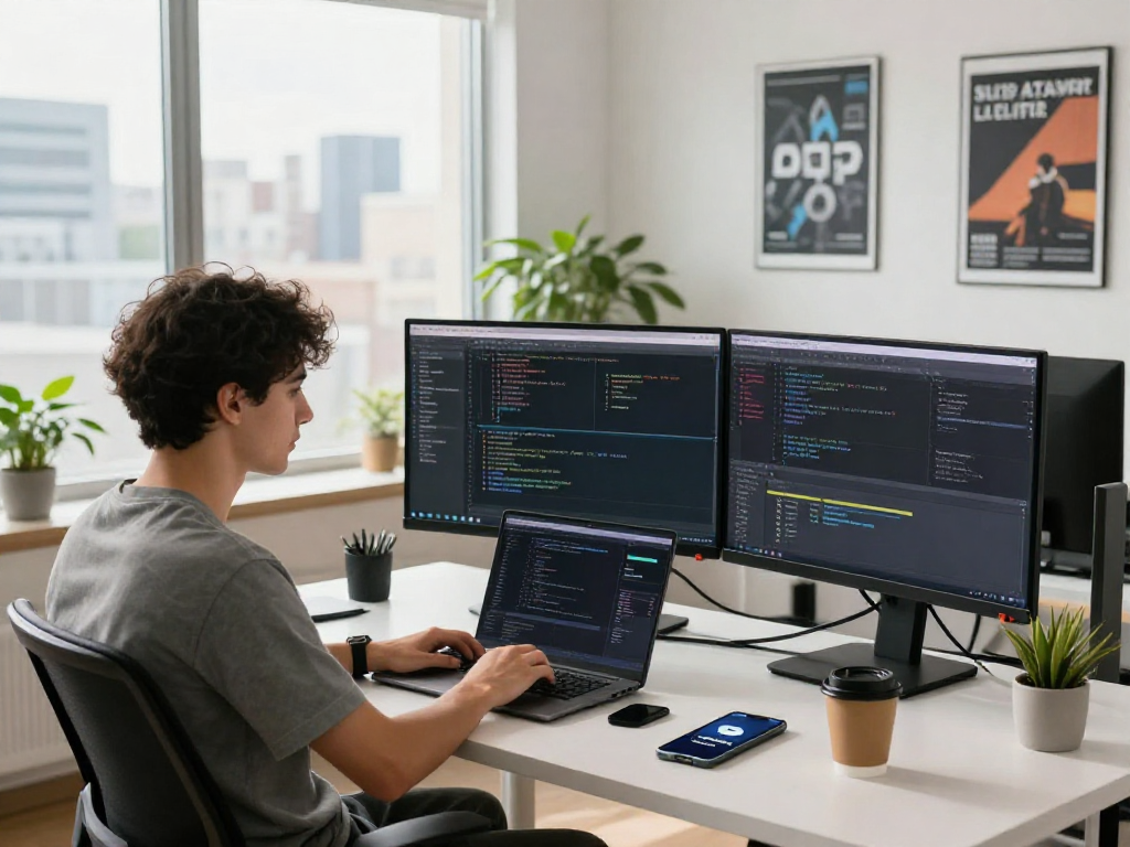 Ambiente de trabajo tecnológico con un programador usando Immediate Edge en un moderno escritorio, lleno de gadgets y luz natural.