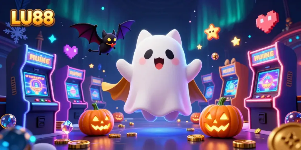 Engage with LU88 in an enchanting haunted casino scene featuring a friendly ghost cat and vibrant gaming elements.