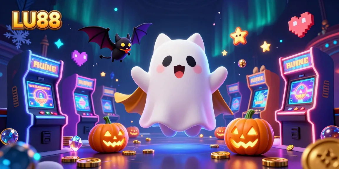Engage with LU88 in an enchanting haunted casino scene featuring a friendly ghost cat and vibrant gaming elements.