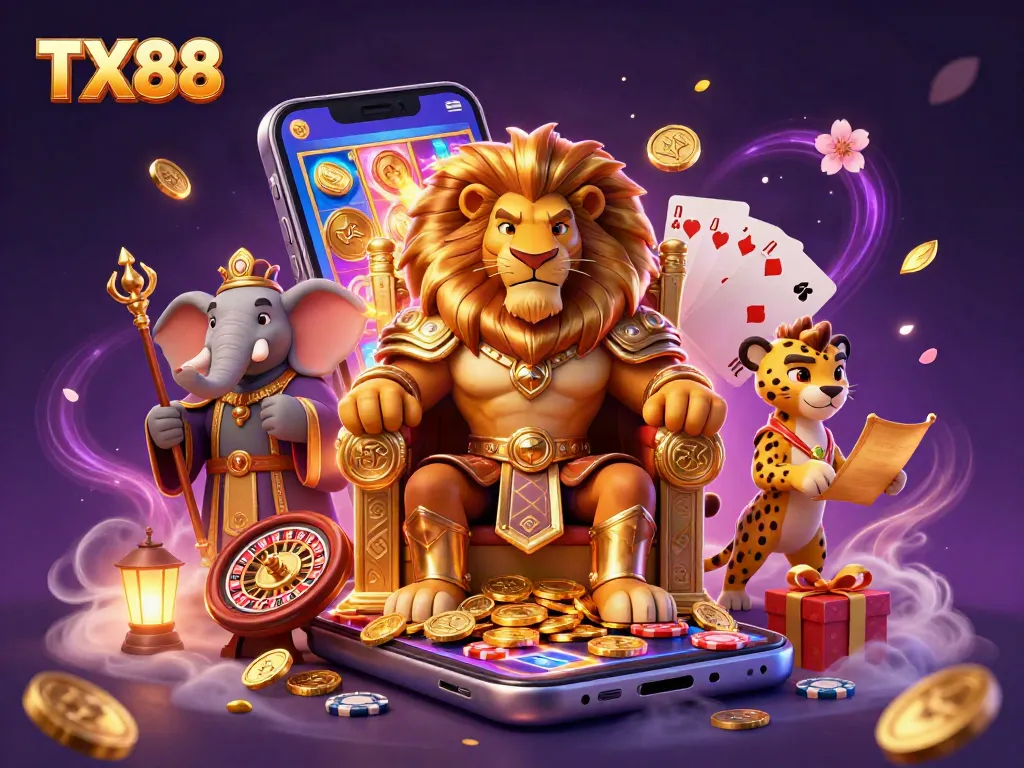 Experience the excitement of TX88 with a captivating scene featuring a lion king and themes of vibrant casino games.