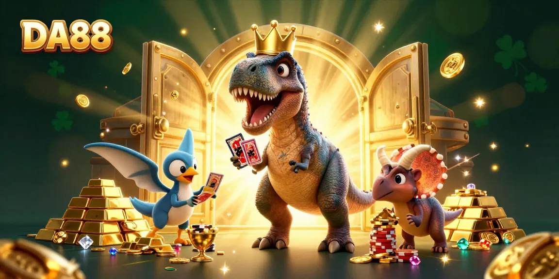 Experience the vibrant action with DA88 as dinosaurs engage in casino card games surrounded by treasures.