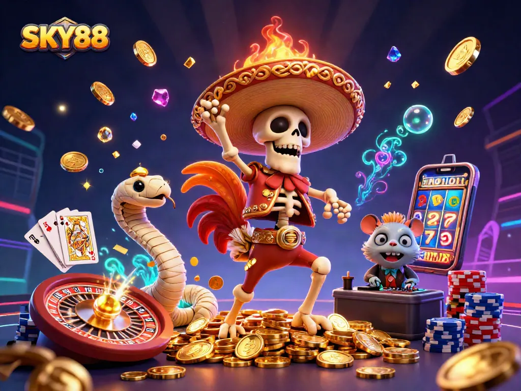Experience thrilling gaming at SKY88, where vibrant characters surround golden coins and roulette.