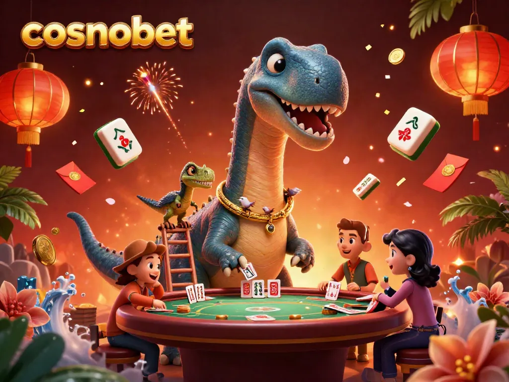 Experience thrills at Cosmobet in a vibrant casino scene with animated characters and festive elements.