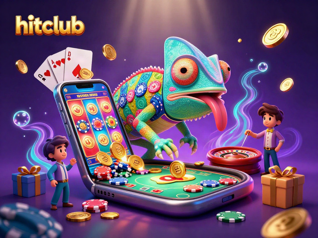 Experience the thrill of hitclub with vibrant casino elements and colorful 3D characters in this dynamic illustration.