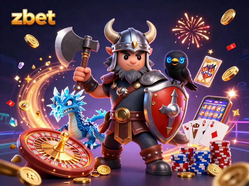 Zbet showcases a dynamic scene with a Viking wolf warrior, dragon, and raven amidst casino elements, emphasizing thrilling gaming.