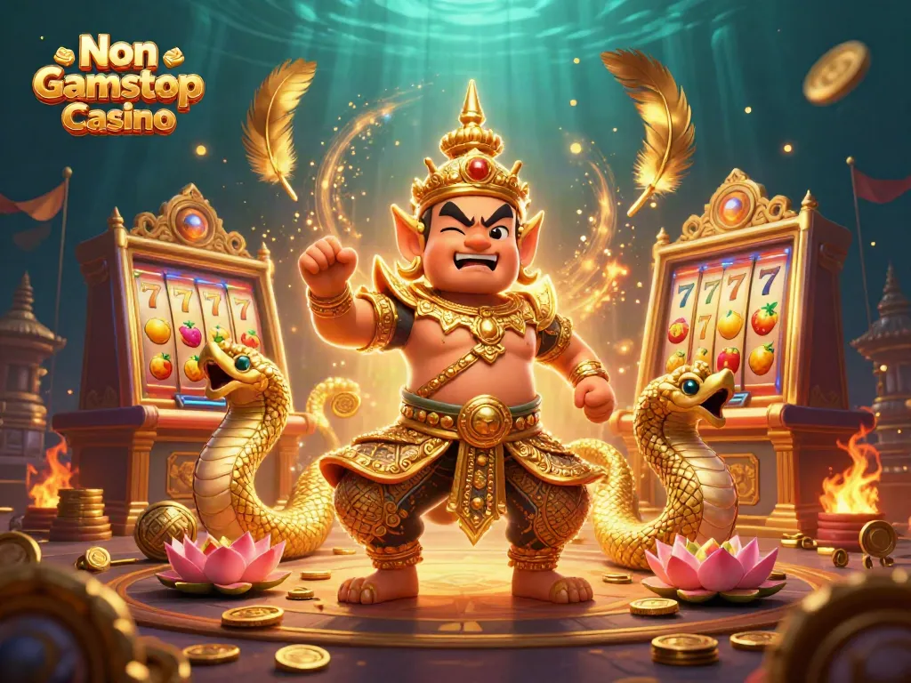 Experience thrilling spins at Non Gamstop Casino with vibrant slot reels and our friendly yaksha guardian.