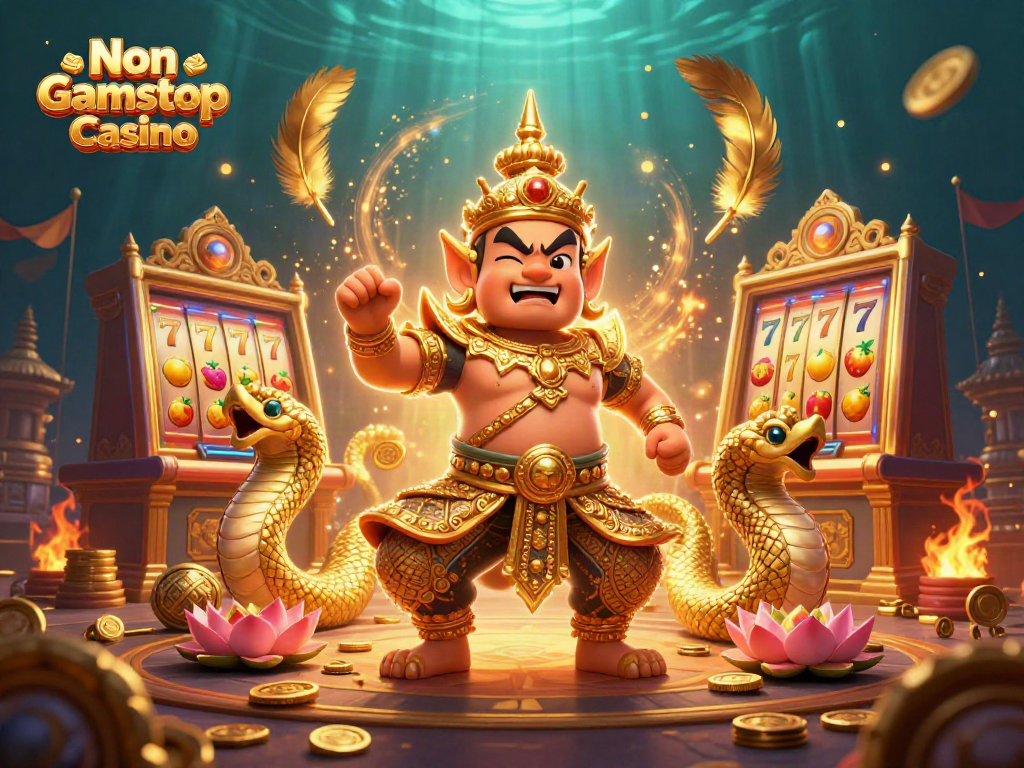 Experience thrilling spins at Non Gamstop Casino with vibrant slot reels and our friendly yaksha guardian.