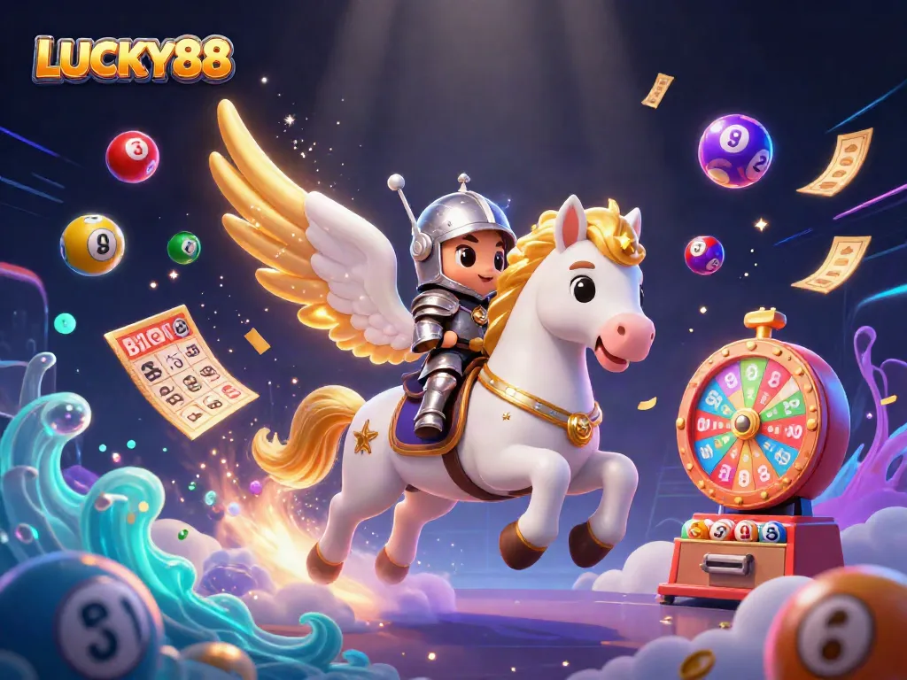 Engage with LUCKY88's thrilling gaming universe featuring vibrant lottery elements and fantasy visuals.