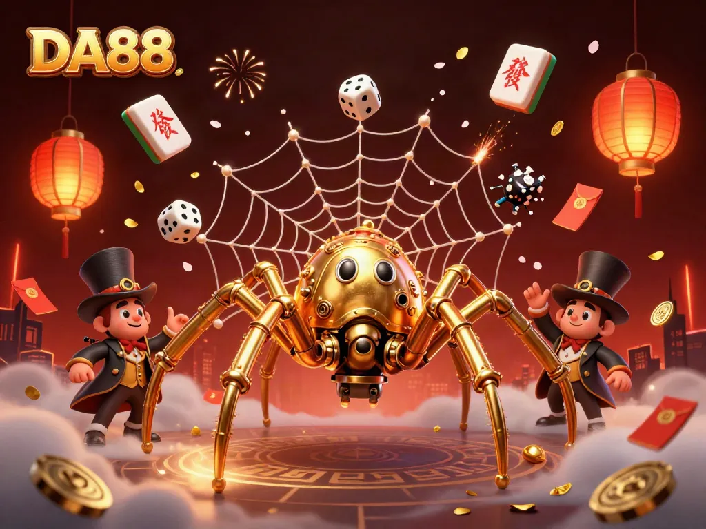 Engage with DA88's high-energy casino atmosphere showcasing golden webs and dynamic gambling elements.