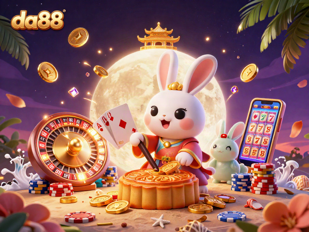 Engage with da88's vibrant casino atmosphere featuring a rabbit pounding mooncakes amid dynamic gaming elements.