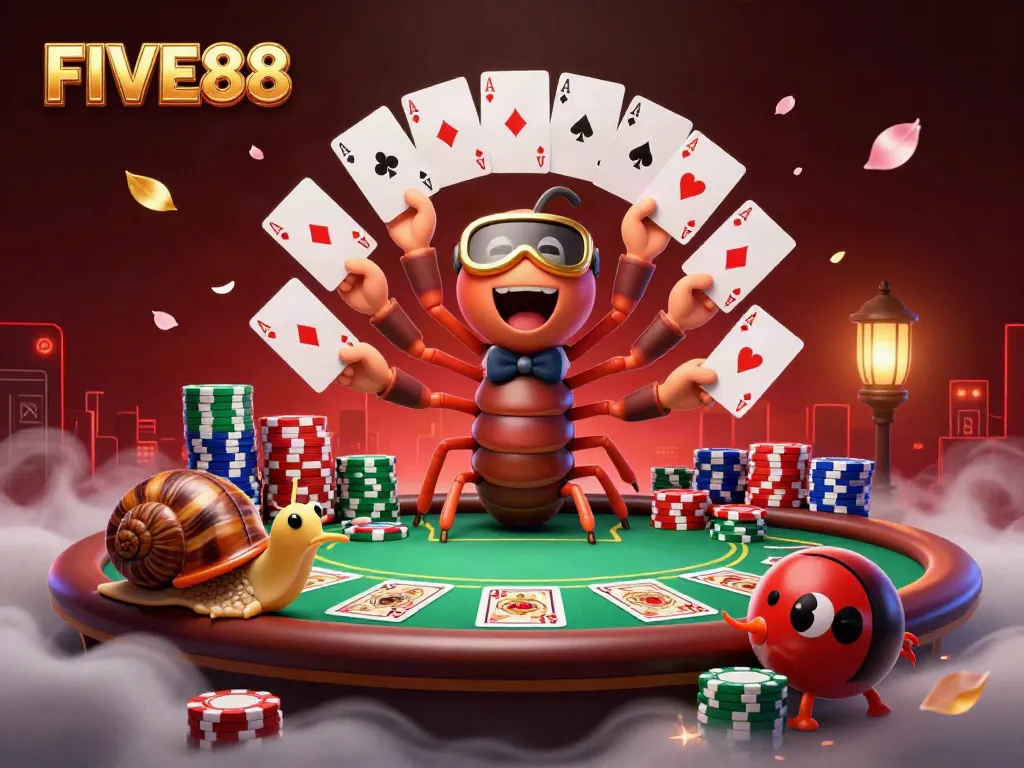 Experience the vibrant world of FIVE88 with a cartoon casino scene featuring dynamic characters and poker elements.
