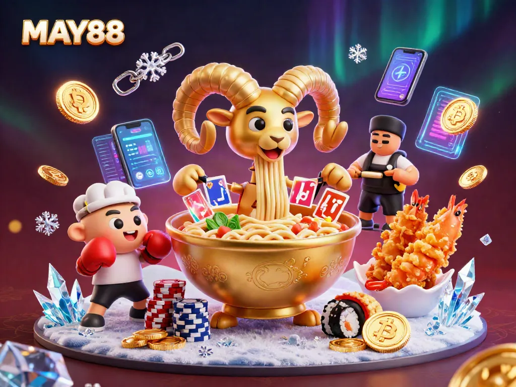 MAY88 offers exciting games and wins with its vibrant 3D casino atmosphere showcasing neon crypto coins and fun characters.