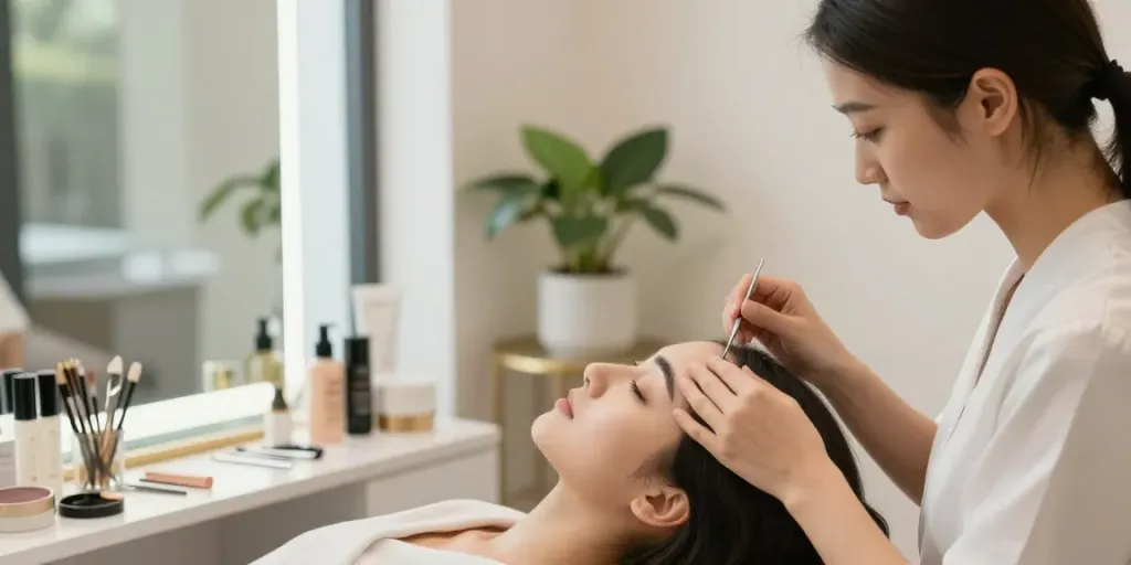 Eyebrow Threading Colchester session in a serene beauty salon.