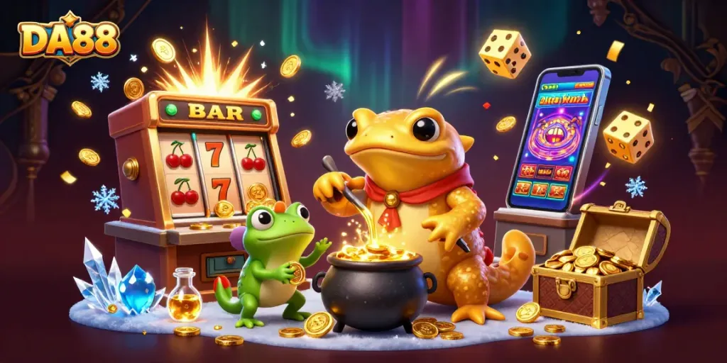 Engage with DA88’s magical journey through a vibrant casino, featuring colorful slot machines and gold elements.