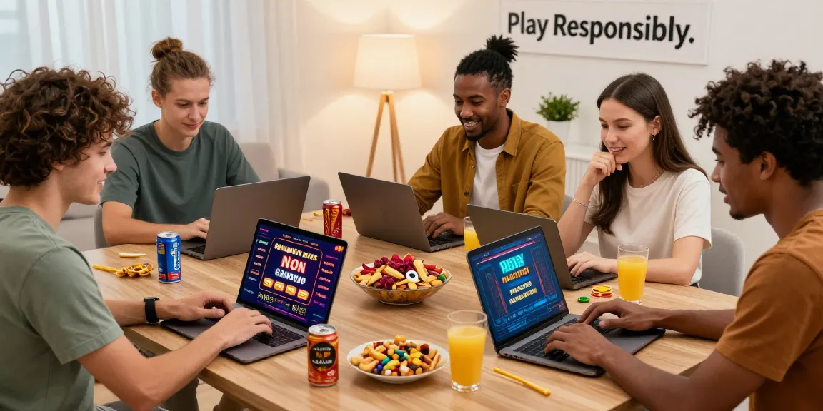 Diverse friends playing non Gamstop casino games together at home, enjoying snacks and drinks.
