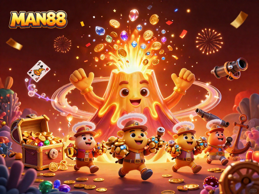 Experience the thrill of MAN88 with a vibrant scene of treasure, triumph, and casino excitement.