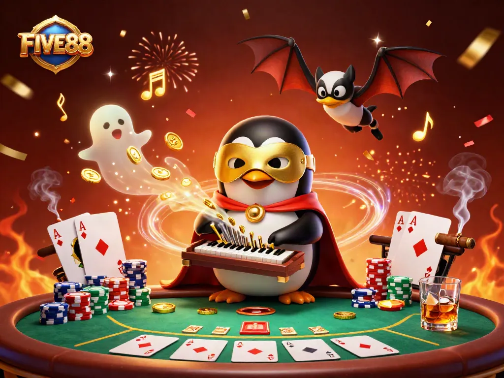 Experience the excitement of winning at FIVE88 with a vibrant 3D gambling scene filled with rich details.