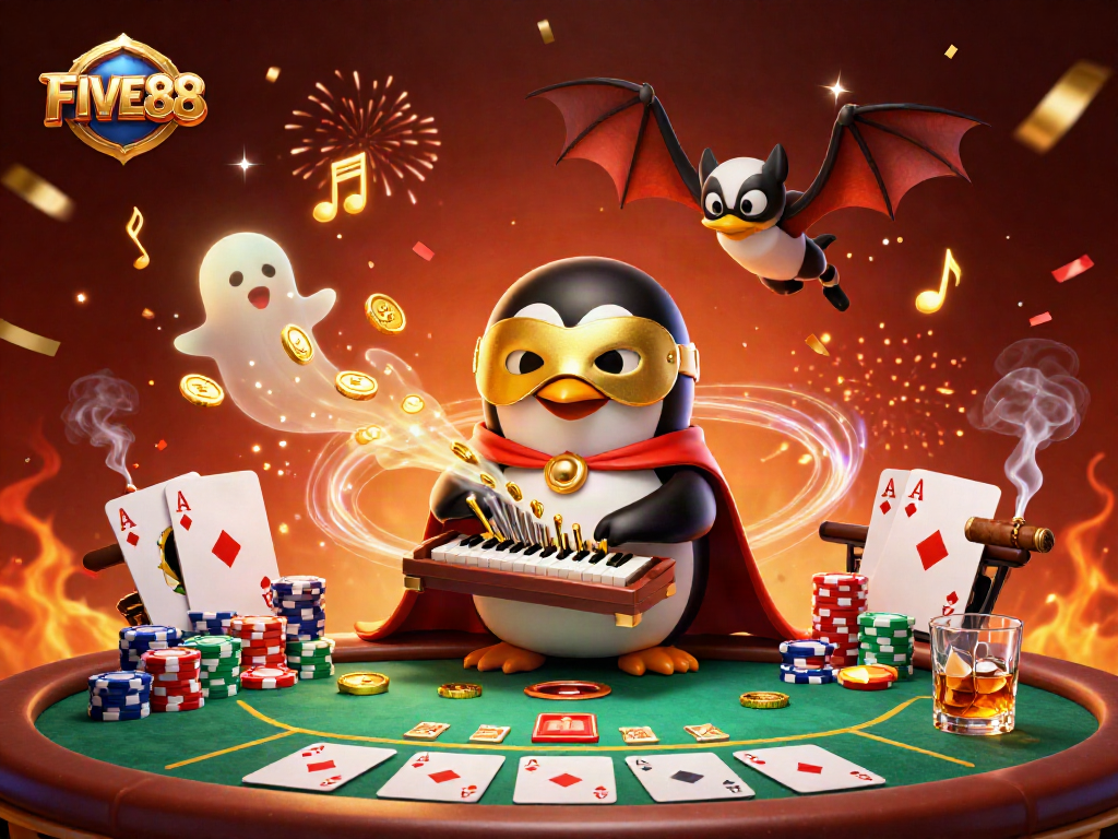 Experience the excitement of winning at FIVE88 with a vibrant 3D gambling scene filled with rich details.