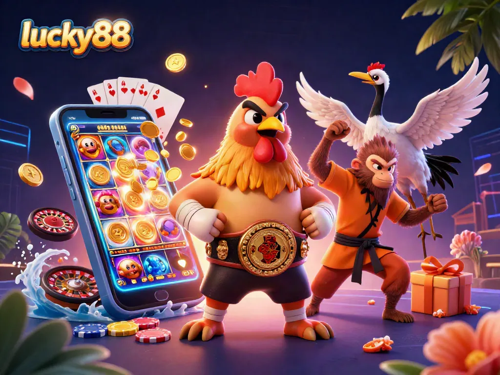 Experience thrilling gameplay with lucky88 featuring a Muay Thai rooster, Shaolin monkey, and crane master in vibrant casino setting.