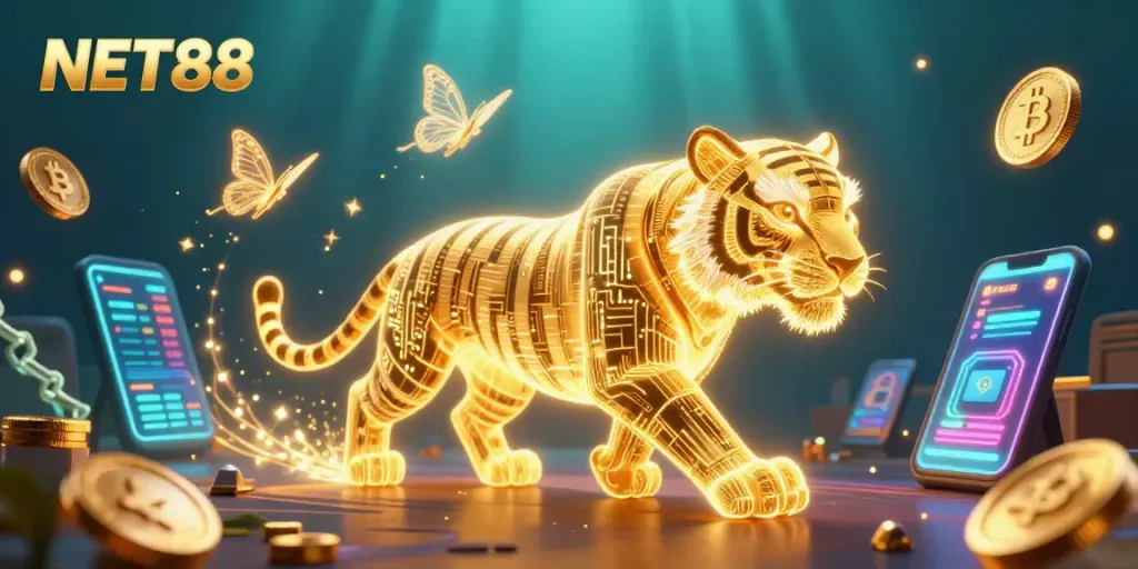 Engage with NET88 in an immersive digital casino world featuring vibrant 3D visuals and crypto elements.