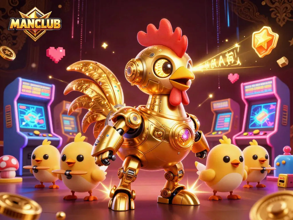 Experience gaming adventures with MANCLUB's golden rooster robot and vibrant arcade elements.