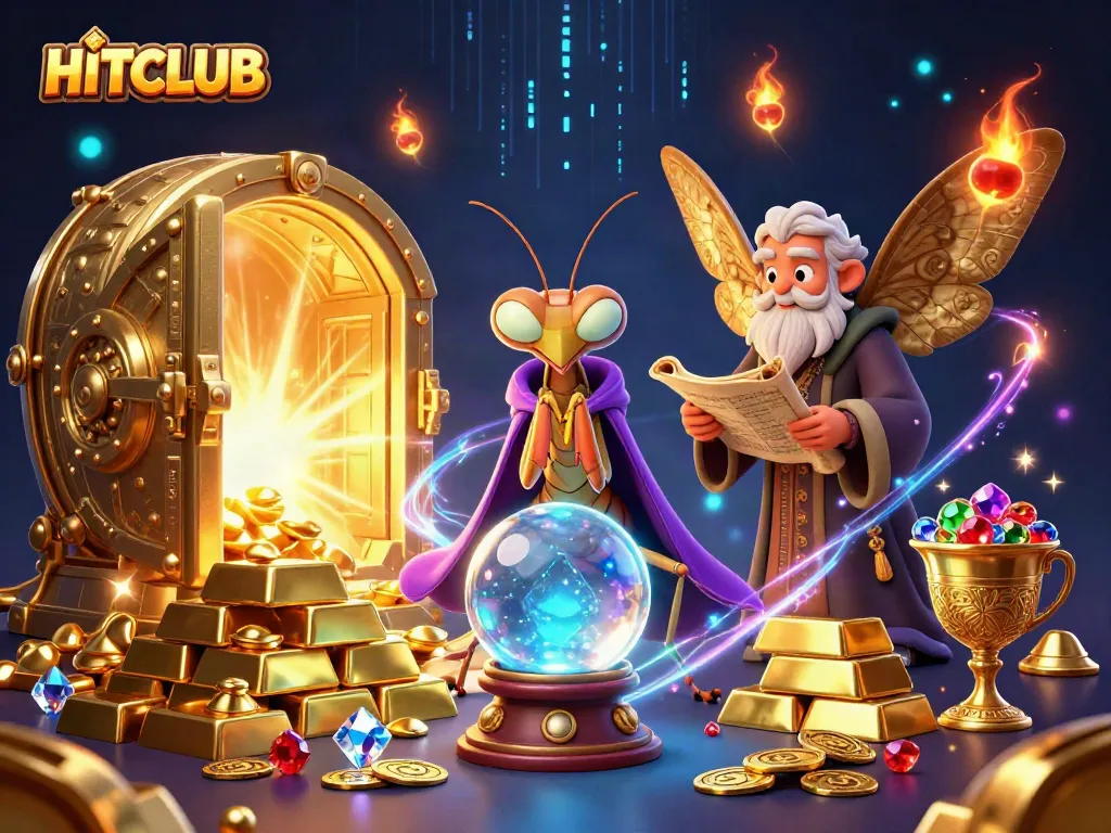 Engage with HITCLUB's dynamic scene showcasing a mystical fortune teller and treasures.