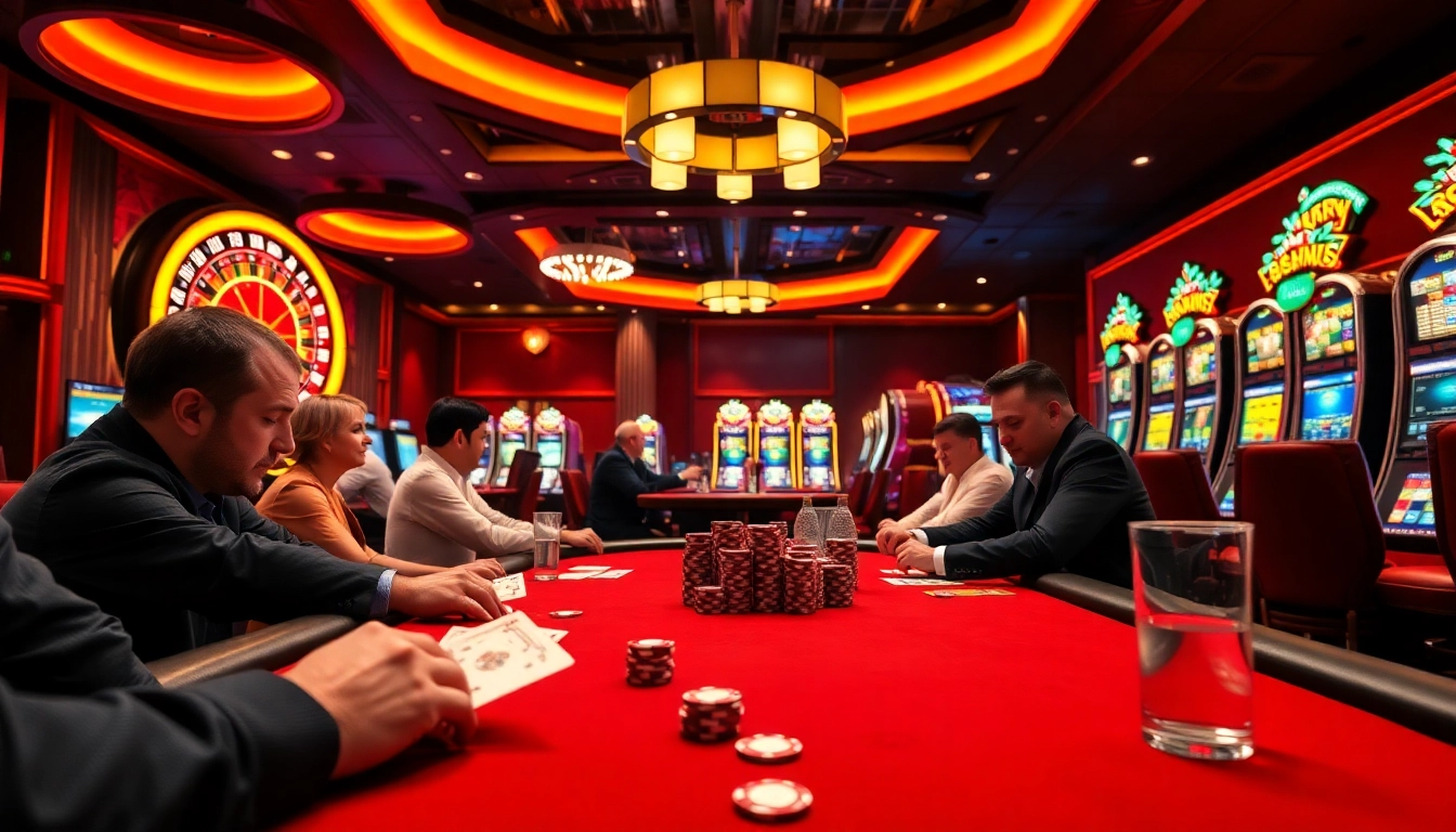 Players enjoying a thrilling poker game at a casino, showcasing the excitement of gambling at https://rr888.video/.