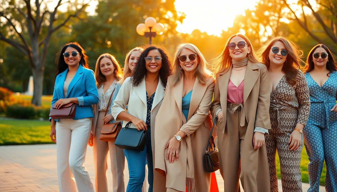 Explore stunning women fashion outfits worn by diverse women in a vibrant park setting.