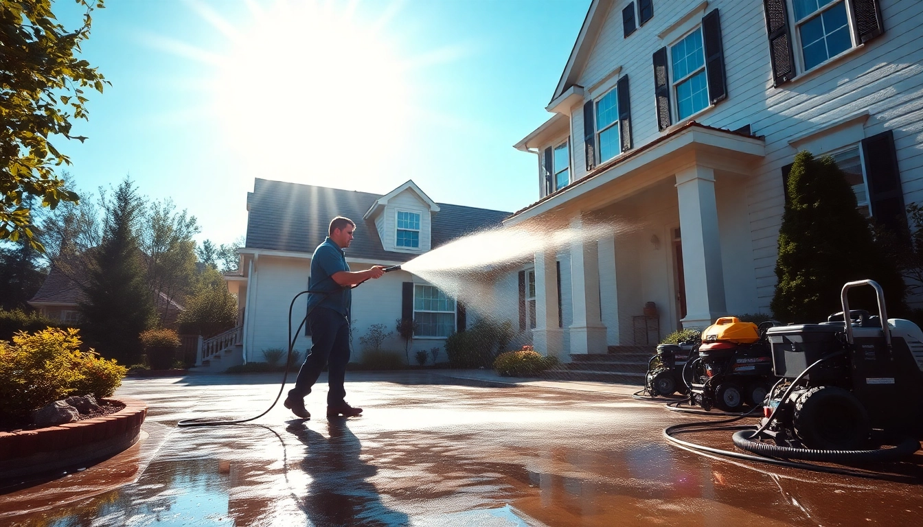 Experience professional pressure washing transforming a home's exterior and driveway, showcasing a sparkling clean finish.