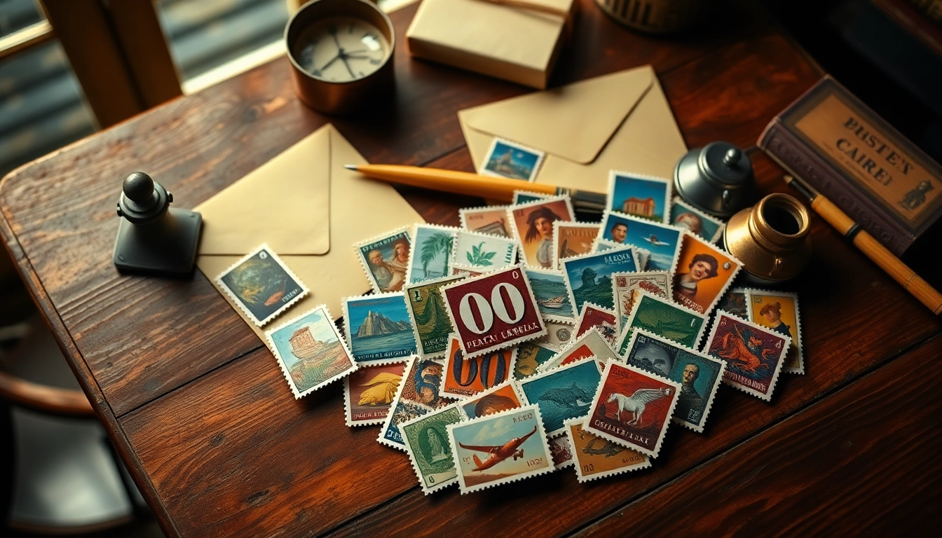 Explore a vibrant collection of cheap postage stamps displayed on a rustic wooden table, embodying nostalgia and global connection.