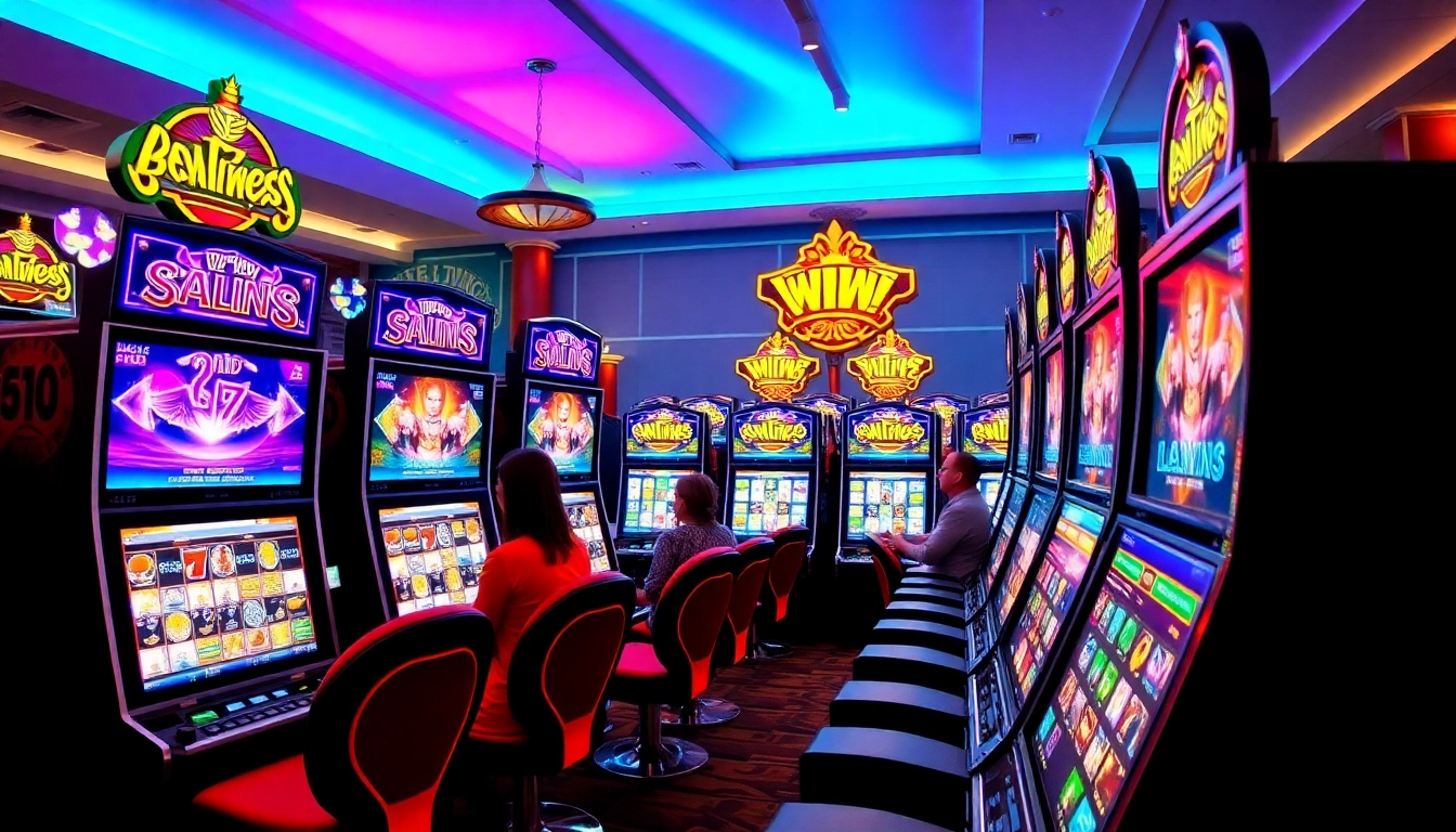 Experience thrilling gameplay at Cazinouri online Germania, featuring vibrant slot machines and engaged players.