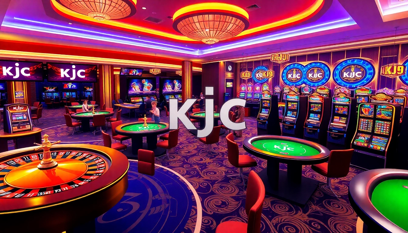 A lively casino scene with KJC branding, showcasing poker tables and slot machines.