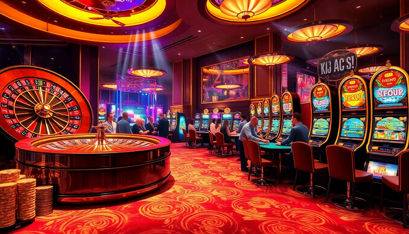 KJC AC 2 immersive casino atmosphere with players at roulette and poker tables, showcasing excitement in gambling.