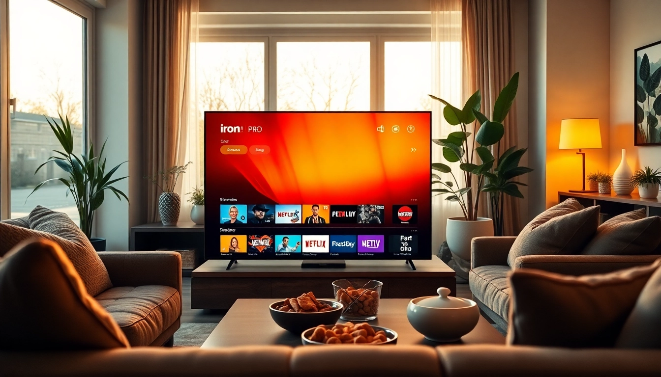 Showcase the features of iron TV Pro on a stylish TV in a cozy living room.