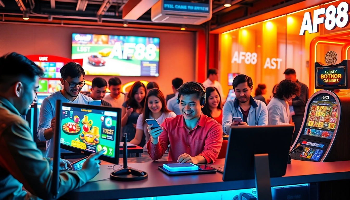 Engaging online gaming scene with players accessing AF88 platform, showcasing excitement and trust.