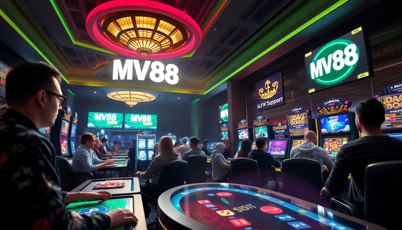 Engaged players enjoying the MV88 game casino platform with vibrant ambiance.
