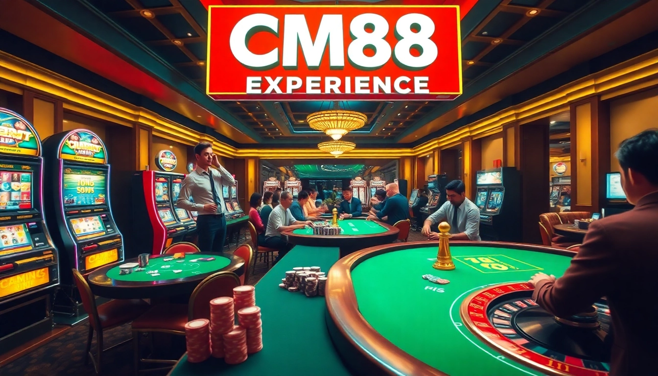 Experience CM88 Casino with vibrant poker tables, slot machines, and roulette excitement.