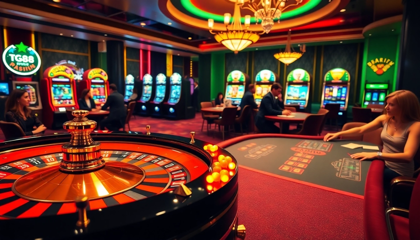 Experience excitement at TG88 casino with players enjoying poker, blackjack, and spinning the roulette wheel.