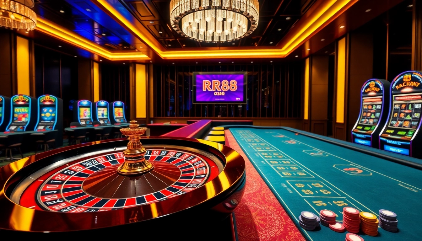 Engaging gameplay at RR88 casino, with roulette and colorful betting chips in a luxurious setting.