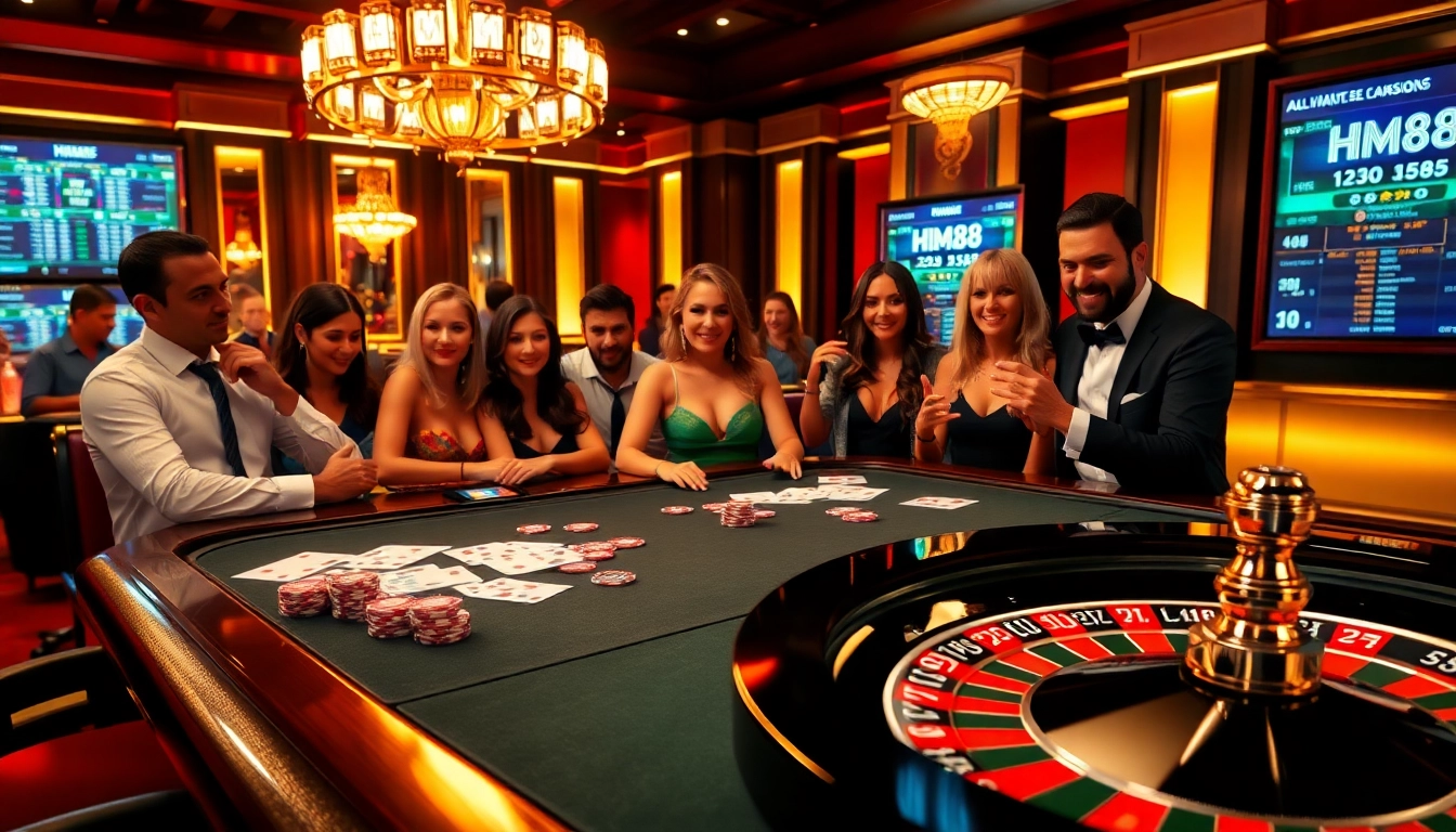 Engage with HM88 at a luxury casino table filled with colorful cards, chips, and a roulette wheel.
