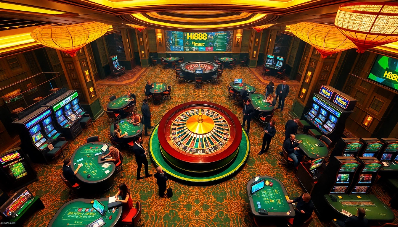 Experience the thrill of Hi888's vibrant casino floor filled with poker tables and roulette wheels.