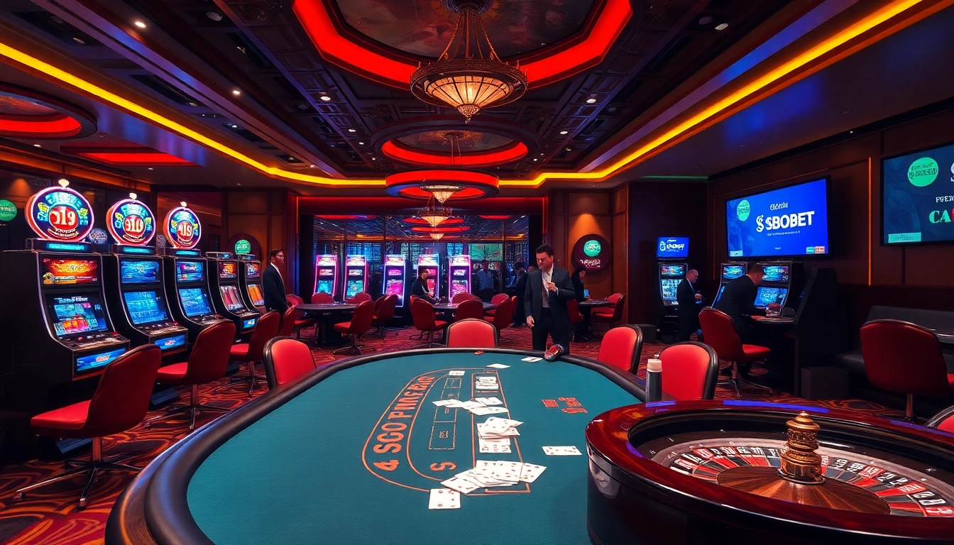 SBOBET players enjoying a thrilling casino atmosphere with vibrant slot machines and poker games