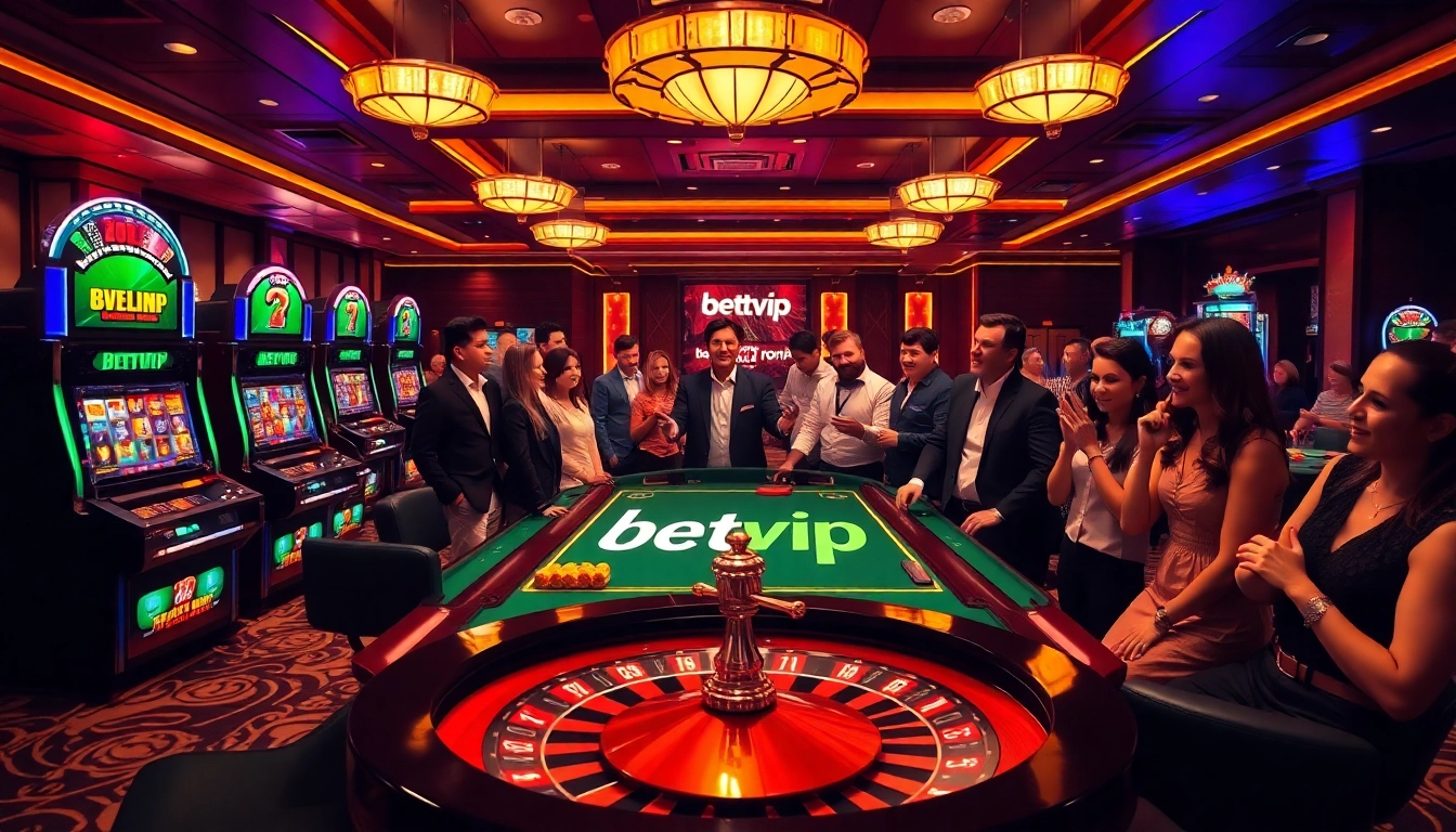 Khám phá thế giới cá cược tại Betvip với không khí casino đầy hứng khởi, tràn ngập chip poker và máy đánh bạc.