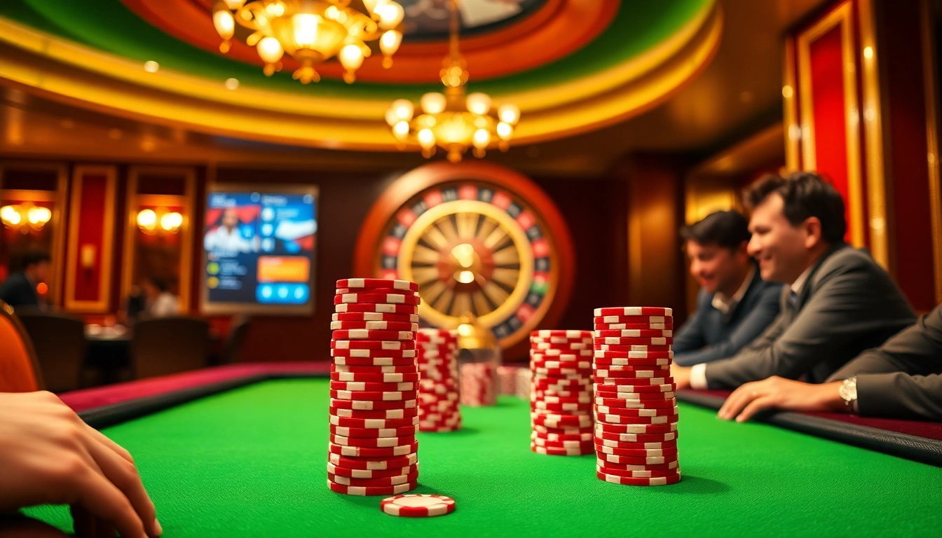 Experience the thrill of gambling with F8bet com in a vibrant casino scene featuring poker and roulette.