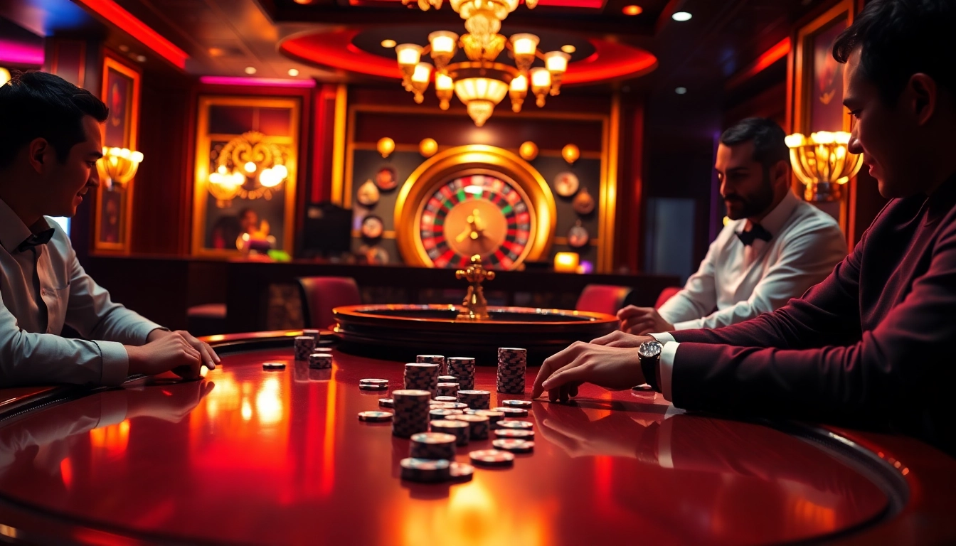 Players competing in an upscale casino poker game featuring s8 elements and vibrant lighting.