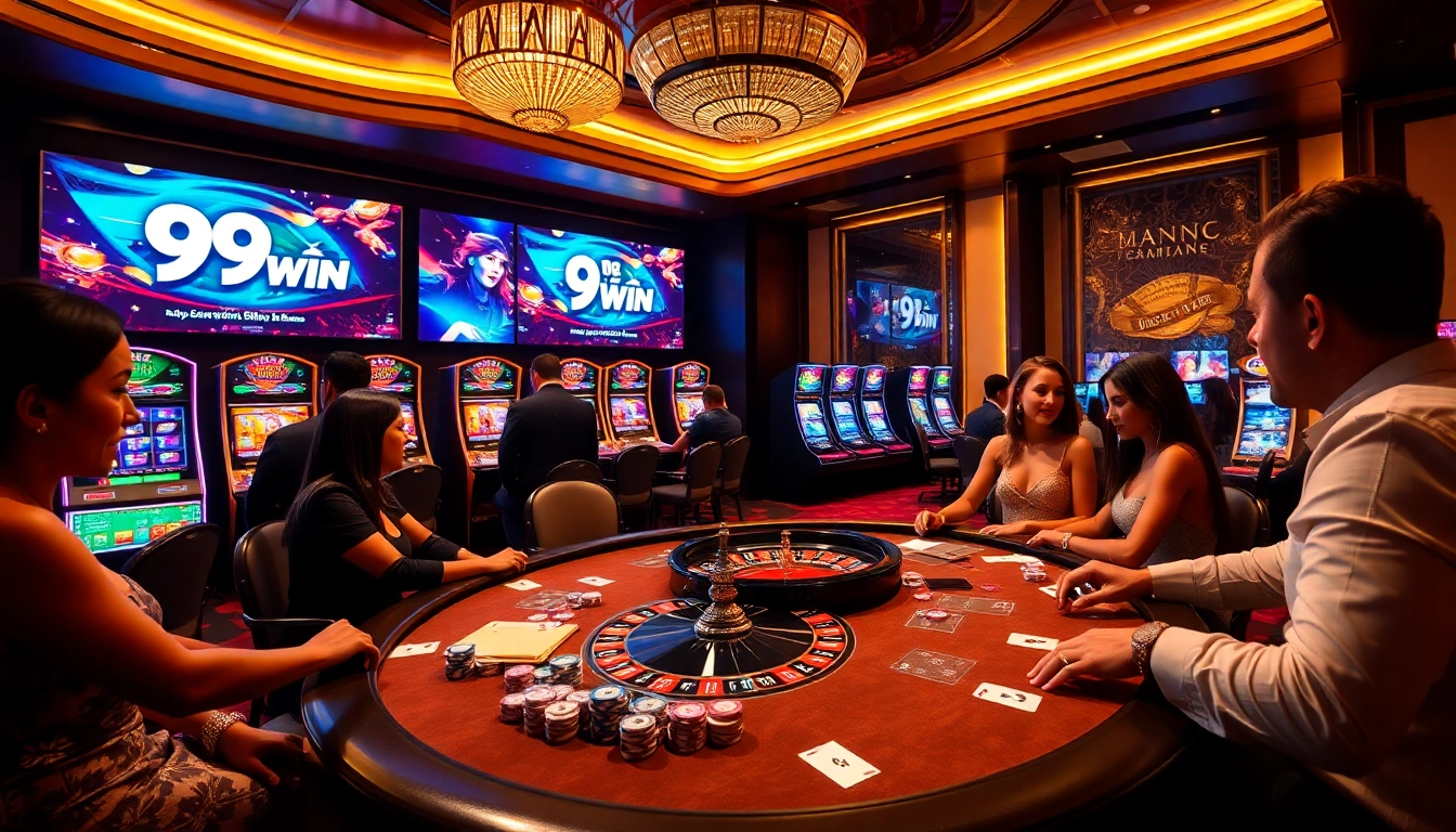 Engaging casino scene with players at poker and vibrant slots showcasing https://9win1.online/.