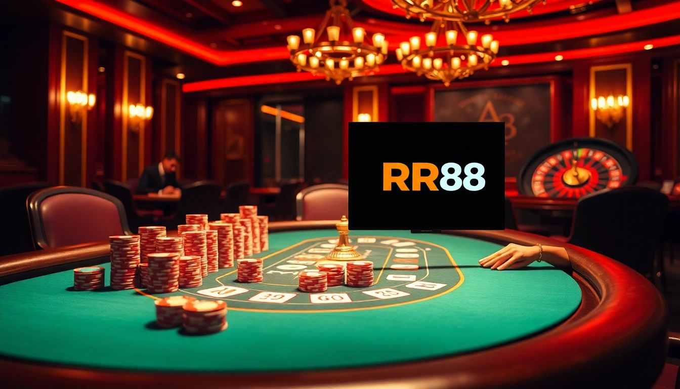 Engaging casino scene showcasing high-stakes poker at https://urr88.com/ with vibrant chips and cards.