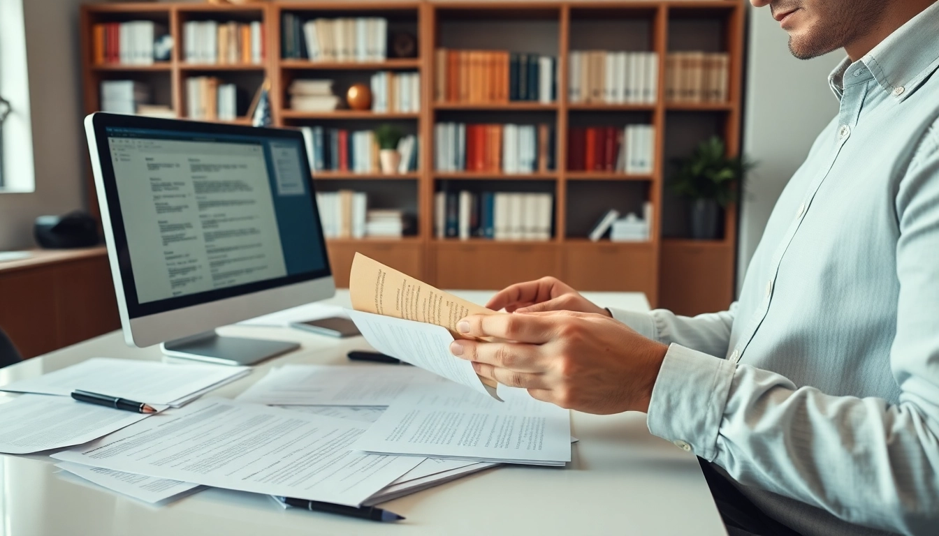 Certified translator reviewing documents in a professional office setting.